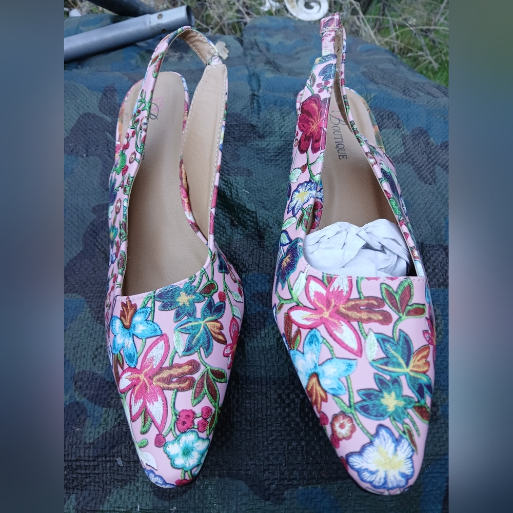 Floral Slingback Heels - Pink Multicolor